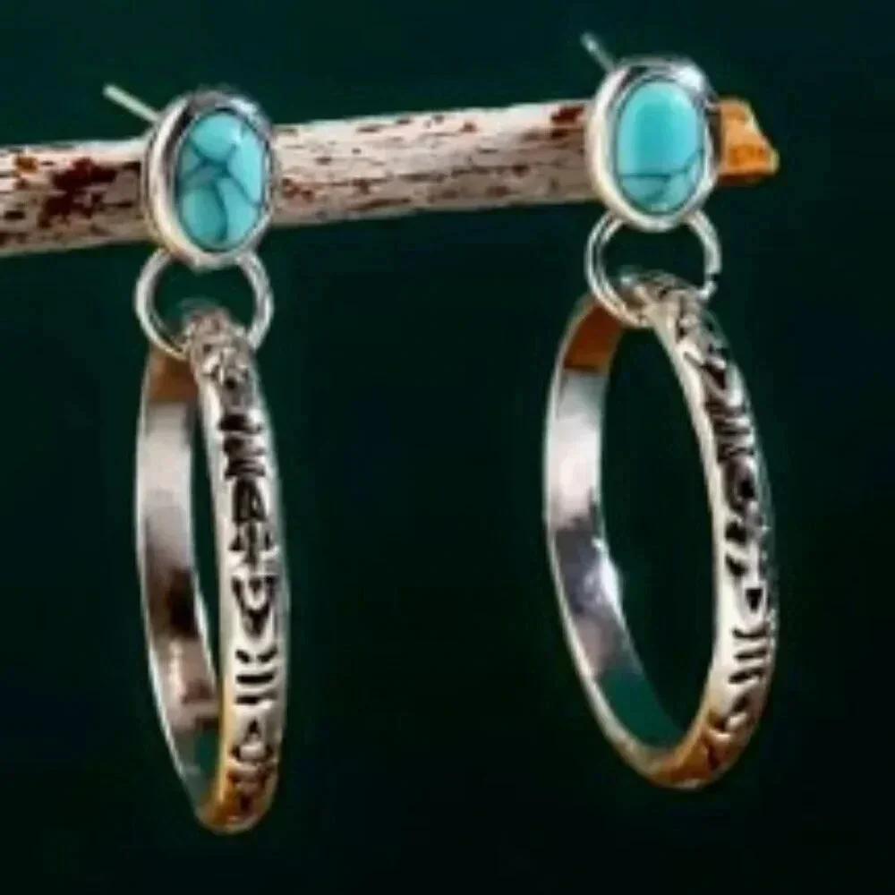 Unique Bohemian Vintage-Inspired Turquoise Hoop Earrings for Men Hypoallergenic